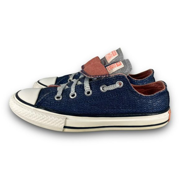 Converse CTAS Double Tongue Sneakers 658112F Low Top Blue Pink Glitter Youth 2 - Picture 2 of 9